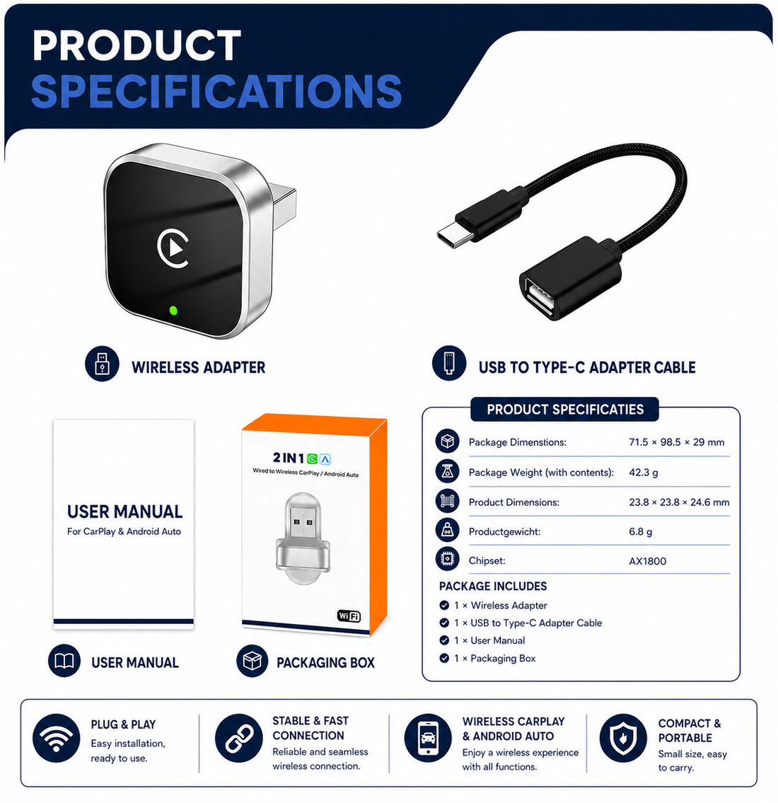 2-in-1 Wireless CarPlay & Android Auto Dongle