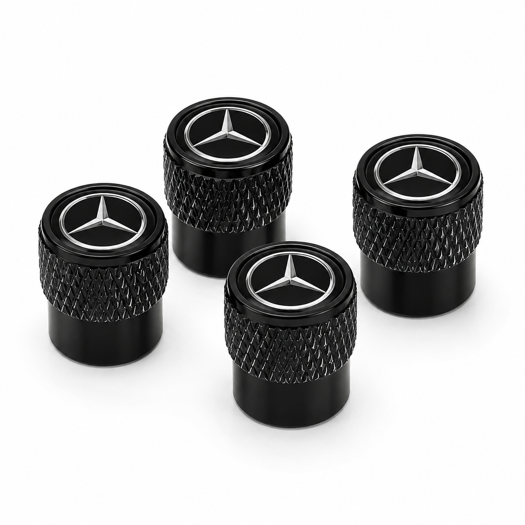 Štyri čierne čiapočky ventilov s logom Mercedes-Benz
