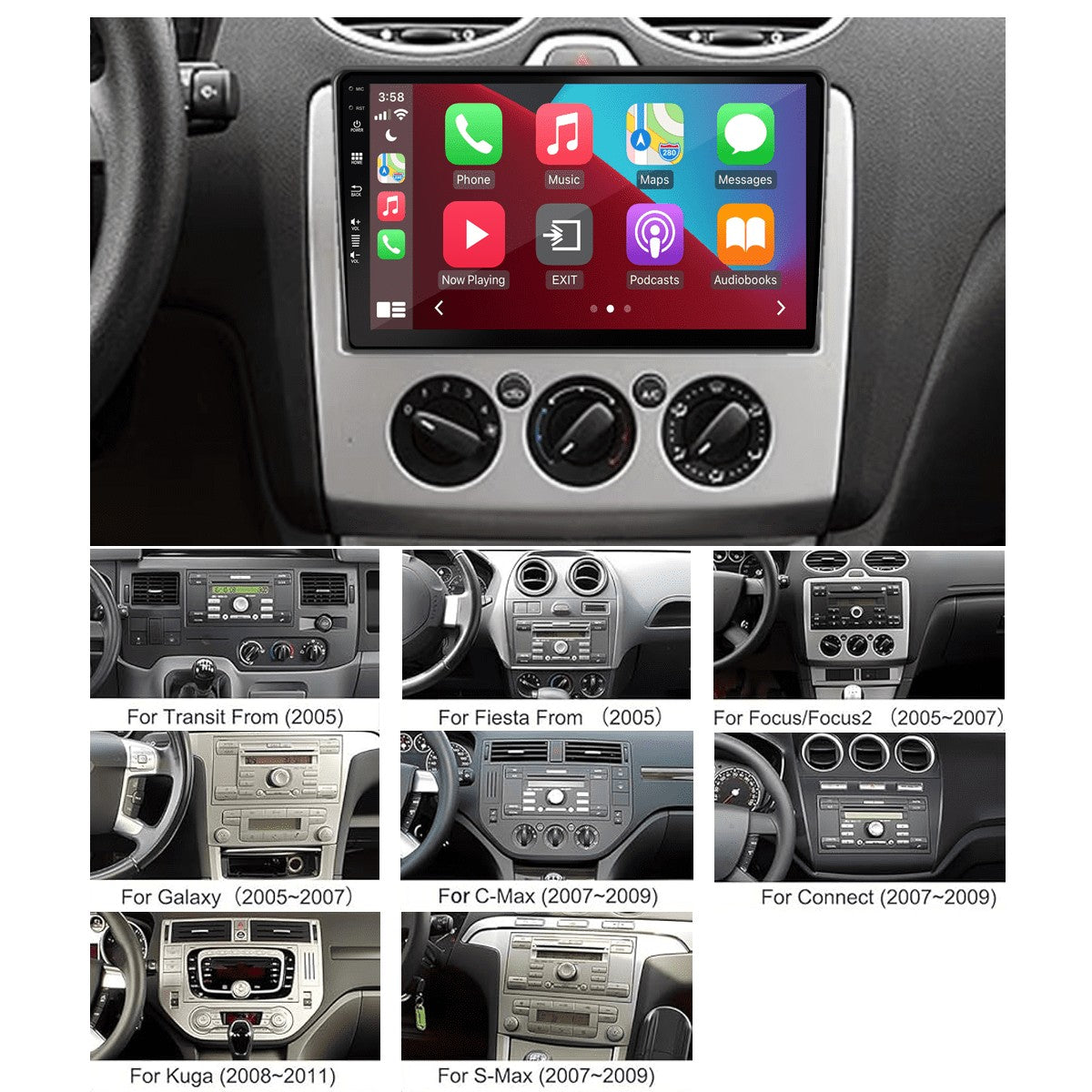 Ford Focus, C-Max e.a. (6000CD rechthoekig) – CarPlay-scherm 9 inch · DAB+ · RD-D040Q